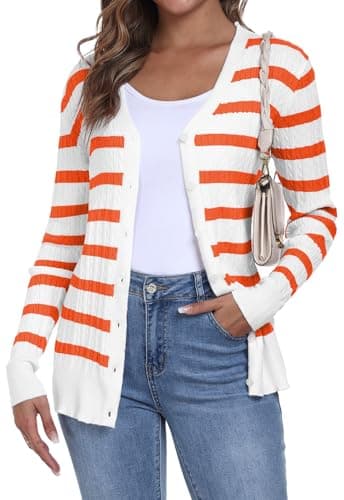 Image of YUNDAI Womens Stripe Cardigans V Neck Long Sleeve Lightweight Button Down Jumpers Cable Knit Spring Fall Tops Cardigan for Women UK, X-Large White Stripe Orange