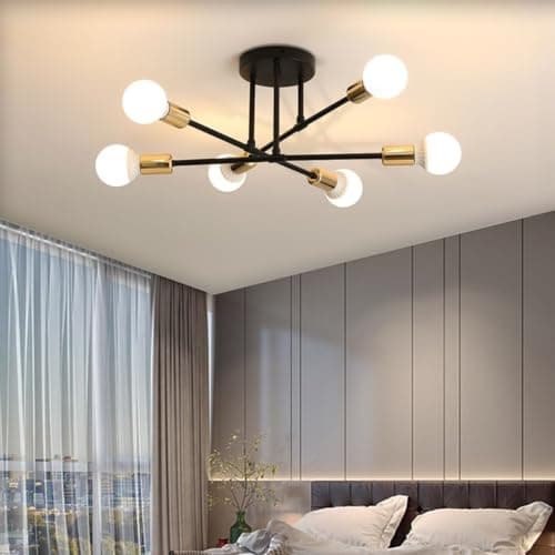 Image of Dorlink Modern Chandelier Light, 6 Lights Industrial Semi Flush Mount Ceiling Lamp, Chandelier Lighting for Living Room Bedroom Kitchen Dining Room Hallway E27 (Black with Gold)