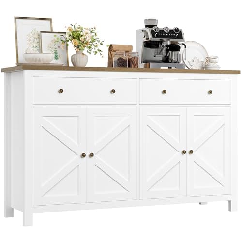 Image of FirFurd Sideboard 140cm Large Kitchen Sideboard Storage Cabinet White Kitchen Cabinet Cupboard with 2 Drawers 4 Doors Adjustable Shelves for Living Room Dining Room 140x40x89cm