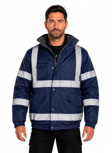 Image of shelikes Men's Hi Vis Bomber Jacket Waterproof High Viz Workwear Coat Hooded Padded Security Safety Jacket with Pockets Reflective Tape & Fleece Lining