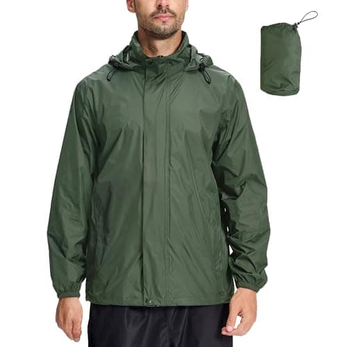 Image of LZLER Mens Waterproof Jackets Lightweight Packable Windproof Rain Jacket Adjustable Hooded Raincoat for Outdoor Hiking Fishing Camping(Army green,L)