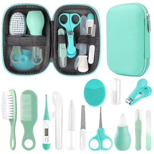 Image of Qunlions life Baby Healthcare and Grooming Kit, Infant Safety Care Set with Hair Brush Comb Nail Clipper, Baby Essentials Kit for Newborn Girls Boys (Green 14 in 1）