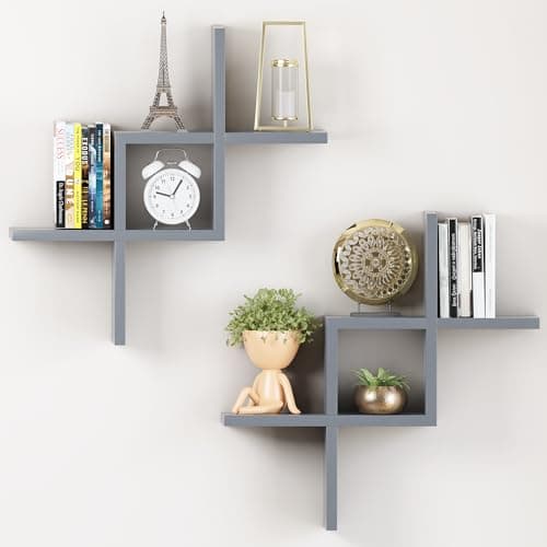Image of PRIME FEEL Floating Shelves (45 x 45 x 12.5 cm, Set of 2) – 100% Solid Pine Wooden Shelves with Hidden Brackets, Wall Shelves & Display Shelf for Bedroom Decor, Living Room, Kitchen & Office (Grey)