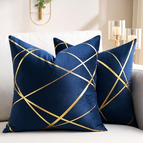 Image of Cushion Cover 45 x 45 cm Navy Blue Gold Lines Decorative Pillow Covers Gold Lines Geometry Cushion Living Room Bedroom Bench Cushion Sofa Set of 2