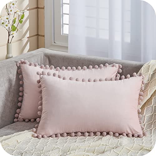 Image of Topfinel Pink Pom Pom Cushion Covers Square 12x20 Inch Velvet Boudoir Throw Pillow Cover for Living Room Chair Bedroom 30x50cm, Pack of 2
