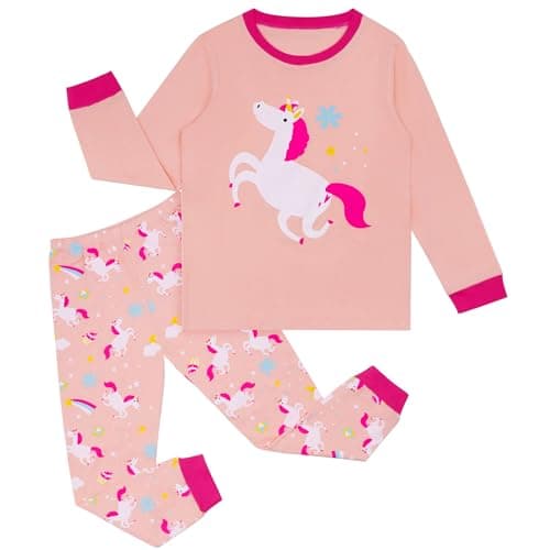 Image of Hoseay Kids Pyjamas Set Girls Cotton Horse Long Sleeve Tops and Bottoms Sets Soft Pjs Suit 2 Pieces Nightwear Children Casual Sleepwear Girl Loungewear Outfit for Kid 5-6 Years, Pink