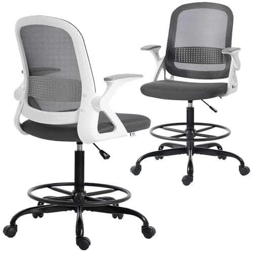 Image of HOMCOM Drafting Chair, Tall Office Desk Chair with Flip-up Armrests, Adjustable Height and Footrest, Lumbar Support for Standing Desk, Home Office Use, Grey