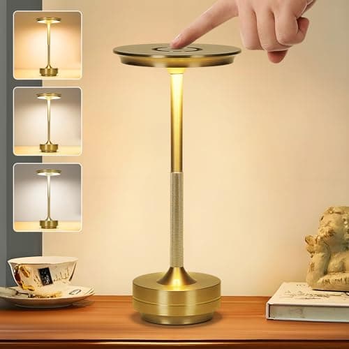 Image of VIMAZ Cordless Table Lamp,Modern Wireless LED Table Lamp Rechargeable for Indoor Outdoor,3 Color Stepless Dimming Night Light Touch Lamps,Protable Desk Lamps for Home Restaurant Patio(Gold)