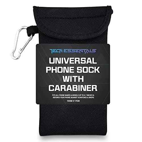 Image of SOL 1pk Universal Mobile Phone Pouch with Carabiner, 10cm x 17cm Black Neoprene Sock, Shock and Scratch Resistant Case, Thermal Sleeve for Devices up to 6.7 Inches, Secure Fit for All Makes and Models