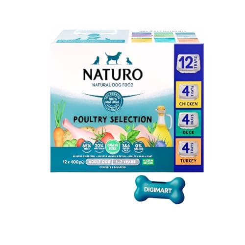 Image of DIGIMART Natural Dog Food Naturo Poultry Selection Grain Free Adult 1-7 Years, 12 x 400g Trays, Chicken Duck Turkey Wet Dog Food