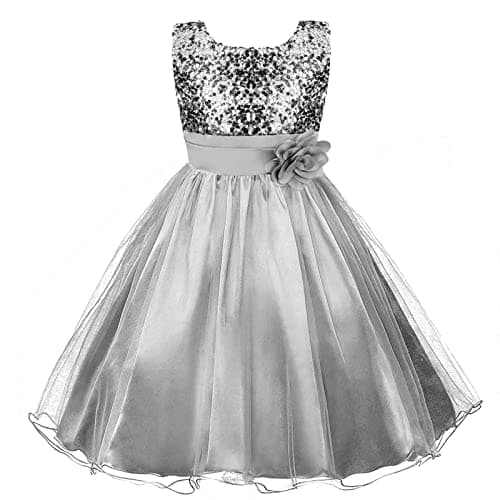 Image of Discoball Girls Princess Dress Sequin Tulle Flower Pageant Birthday Party Wedding Bridesmaid Girl Dresses for 2-13 Years Silver