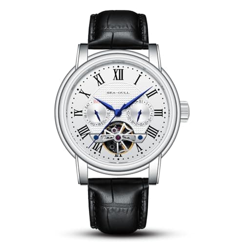 Image of SEA-GULL Men's Automatic Watch ST2502 Mechanical Wrist Watch with Multi-Function Calendar, Hollow Flywheel, 50M Waterproof Sapphire Crystal, Leather Strap (White- D819.622)