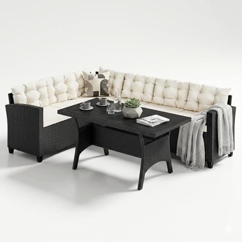 Image of CASARIA® Rattan Garden Furniture Set, Corner Sofa & Dining Table | Bench WPC Table Top 7cm Thick Seat Cushions | Weatherproof Outdoor Patio Seating Group Garden Furniture | Black