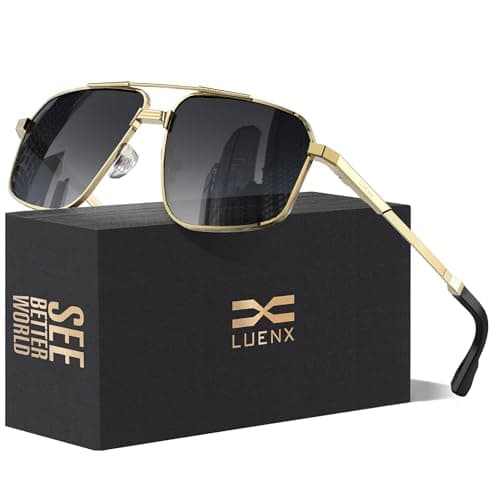 Image of LUENX Sunglasses for Men Square Polarized Polygon Sun Glasses UV400 Protection 60mm,Gradient Black Lens Gold Frame