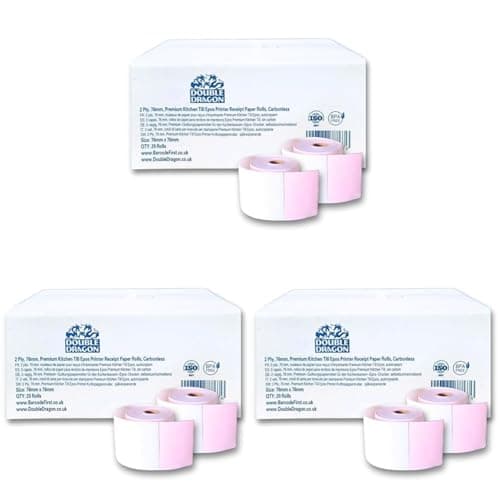 Image of 2 Ply, 76mm x 76mm, Carbonless Paper Rolls, Non-Thermal, for Kitchen Printer, Dot Matrix Impact Printer, Non-Thermal Cash Register, Printing Calculator, Till Epos PDQ Receipt Printer. Box of 20 Rolls