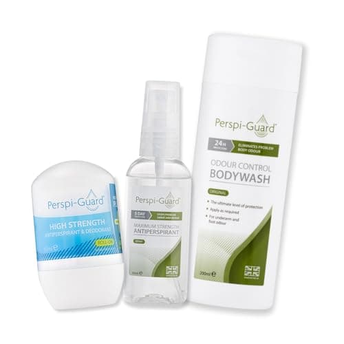 Image of Perspi-Guard 3-Step Treatment Pack, Odour Control Body Wash, Max Strength Antiperspirant Spray and Strong Roll On Deodorant for Men and Women, 3-Pack