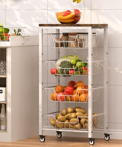 Image of Garbuildman 5-Tier Kitchen Storage Cart with Pull-Out Wire Baskets - Fruit & Vegetable Organiser with Wooden Top & Banana Holder for Pantry, Living Room, Bathroom, White