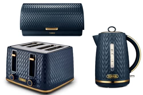 Image of TOWER Empire Midnight Blue 1.7L 3KW Jug Kettle, 4 Slice Toaster and Roll Top Bread Bin. Stylish Art Deco Design Kitchen Set in Blue