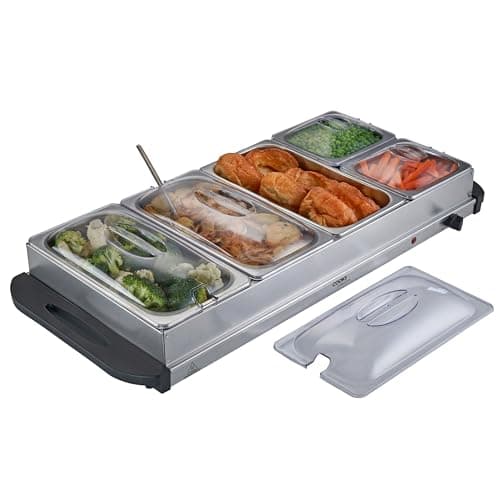 Image of Cooks Professional 5-Section Buffet Warmer 9.6 Litre Capacity with Hotplate Function & Adjustable Temperature Control Dial | 450W X-Large Portable Electric Food Serving Tray | Silver