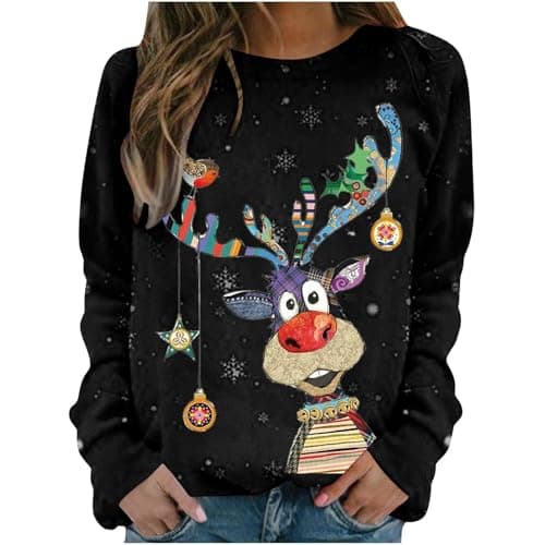 Image of Christmas Jumpers for Women Cute Reindeer Print Sweatshirt Loose Funny Christmas Jumpers Long Sleeve Crewneck Ugly Shirt Ladies 2025 Fashion Hoodies Sweaters Sweatshirts Pullover Xmas Gifts Black