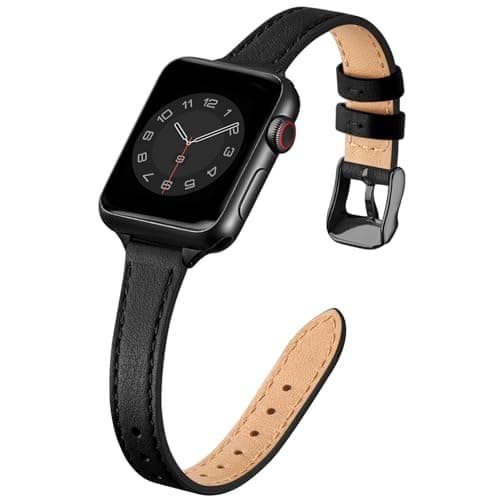Image of SUNFWR Leather Strap Compatible with Apple Watch Straps 42mm(Series 11 10) 41mm 40mm 38mm,Genuine Slim&Thin Replacement Band for iWatch Series 11 10 9 8 7 6 5 4 3 2 1/SE(Black&Black)