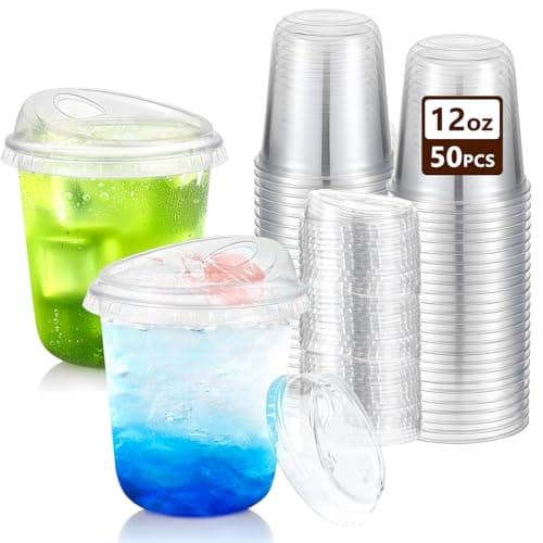 Image of YISIZES 50 Pack 360ML Clear Plastic Cup with Sip Lids, Thickened Iced Coffee Cups for to Go Cold Drinks Latte Juice Smoothie Slushie Milkshake for Drink Shop Parties Events, Leakproof & BPA-Free