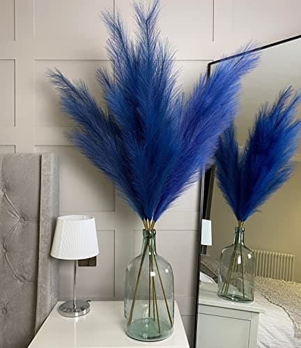 Image of VOULUX Extra Large Tall Blue Fake Faux Artificial Pampas Grass Large Fluffy x3 115cm Stems x18 Decorative Artificial Flora Feathers For Floor Vases Tall Blue Plant Flowers Long Pampas Grass