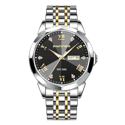 Image of PINDOWS Watch for Men Diamond Business Dress Analog Quartz Wrist Watch Luxury Waterproof Luminous Date Two-Tone Stainless Steel Band Classic Fashion Men Watches