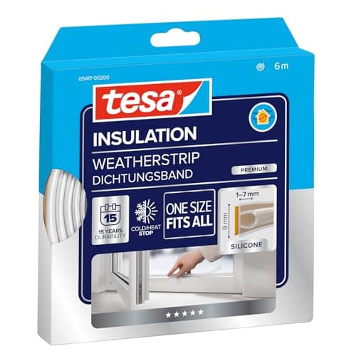 Image of tesa INSULATION Weatherstrip Premium - Sealing Tape - Self-adhesive Silicone Seal for Insulating gaps on windows and doors - Transparent - 6 m x 9 mm x 7 mm