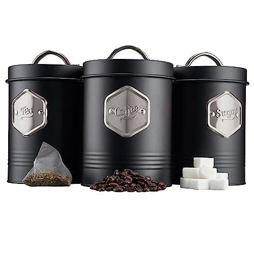 Image of Cooks Professional 3 Piece Tea Coffee Sugar Cannister Set | Labelled Storage Tins | Containers with Airtight Lids | Canisters for Kitchen Accessories & Essentials | Black & Silver