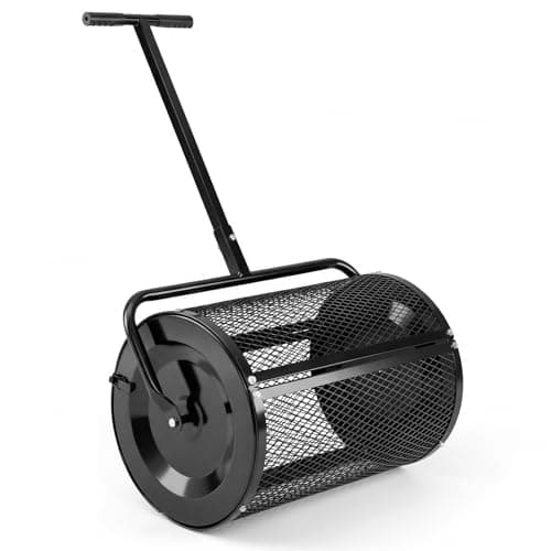 Image of COSTWAY 27” Compost Spreader, 76L Peat Moss Spreader Roller with Handle & Side Latches, Metal Mesh Basket Push Fertilizer Spreader for Lawn and Garden (Black, Height Adjustable T-shaped Handle)