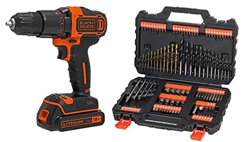 Image of BLACK+DECKER 18 V Cordless 2-Gear Combi Hammer Drill Power Tool with Kitbox, 1.5 Ah Lithium-Ion, BCD700S1K-GB & Mixed Drilling and Screwdriving Set A7200-XJ