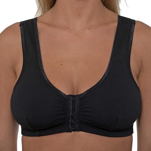 Image of Gemm Womens's Front Fastening Mastectomy Bras with Pockets Non Wired Soft Cotton Black