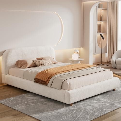 Image of EINHOM Double Upholstered Bed Frame with Storage, 4FT6 Ottoman Bed with Round Silhouette and Hydraulic Storage, Arched Headboard, Boucle Fabric, 135x190 cm (No Mattress)