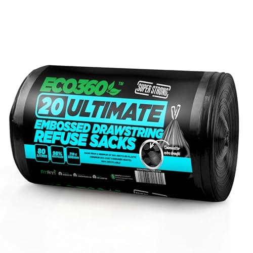 Image of Ultimate Embossed Black Drawstring Bin Liner Bin Bag Refuse Sacks Heavy Duty - 80L Capacity | Made from 98% Recycled Material | 100% Recyclable (2x10 Pack)