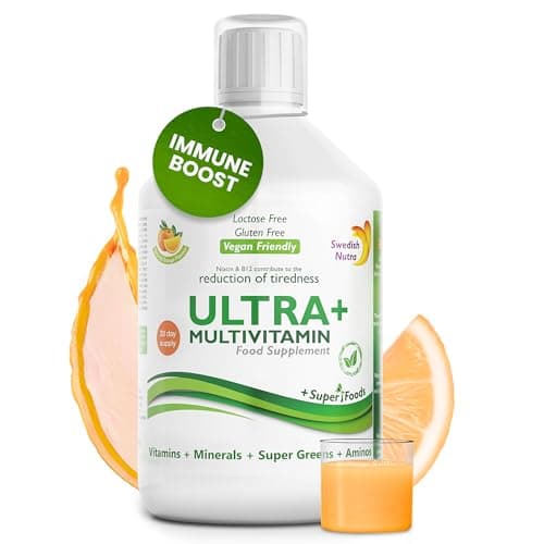 Image of Swedish Nutra Ultra+ Multivitamin Liquid Food Supplement - 500 ml, 33 Day Supply | Vitamins, Minerals, Super Greens & Aminos | Boost Energy Wellbeing & Immune System I Orange Flavour | For Men & Women