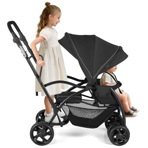 Image of COSTWAY Sit and Stand Stroller, Double Baby Pushchair with Adjustable Canopy, Backrest & Handlebar, Safety Harness, Storage Basket, Foldable Twin Pram for Infants, Toddlers