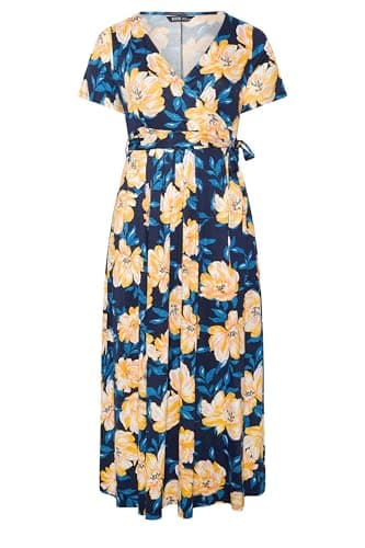 Image of Yours Curve Blue Floral Wrap Front Dress - Women's - Plus Size Curve