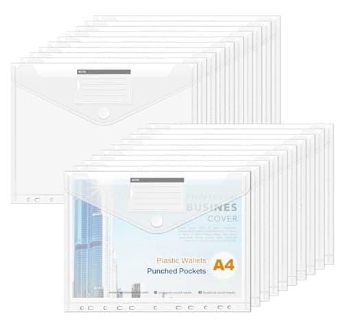 Image of NOTEZMATE Plastic Wallets A4 Punched Pockets,20 Pack Clear Plastic Folders,Waterproof A4 Polly Pockets 11 Hole Reinforcers Fit 2/3/4 Ring Binders Folders Suitable for Office Stationery Supplies