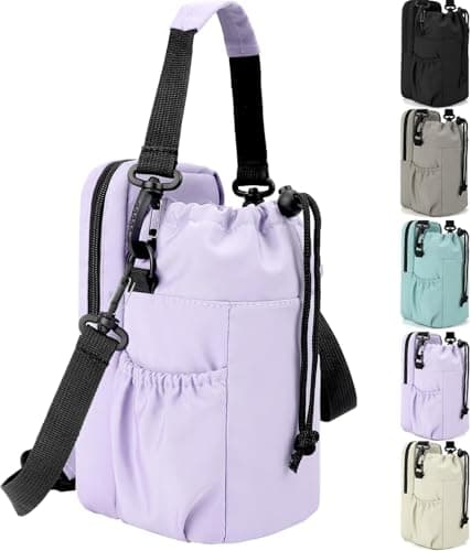 Image of RZMAYIS 32/40oz Insulation Water Bottle Carrier Bag with Phone Pocket, Water Bottle Holder with Strap, Sports Water Bottle Sling Bag Crossbody Water Bottle Holder for Hiking Walking (Style 1, Purple)