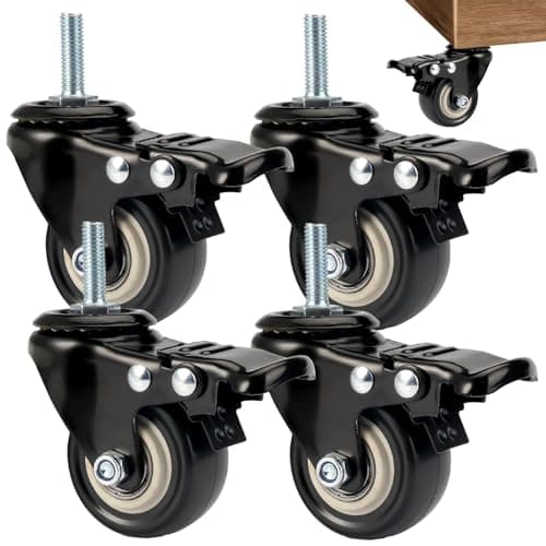 Image of Castors Set of 4 Heavy Duty Castor Wheels 65mm Castors with Brakes & M8x25mm Screws PU 360° Swivel Trolley Wheels for Furniture up to 70KG Heavy Duty Castors Small Outdoor Wheel Casters, Black