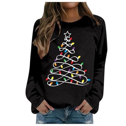 Image of Christmas Jumpers for Women Christmas Tree Jumper Women Long Sleeve Pullover Xmas Tree Print Sweatshirt Fleece Lined Sweaters Tops Autumn WinterCasual Holiday Sweatshirts Black