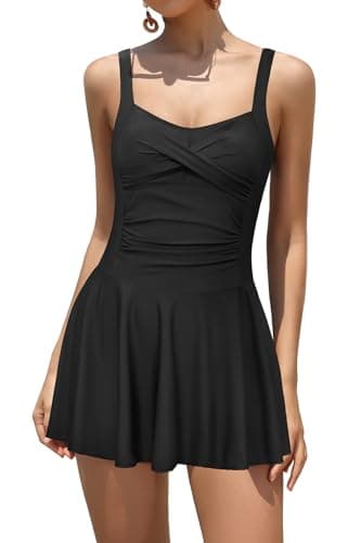 Image of SHEKINI Women Twist Front One Piece Skirted Swimsuit Ruched Tummy Control Swimdress Padded Retro Bathing Suit with Shorts Solid Black