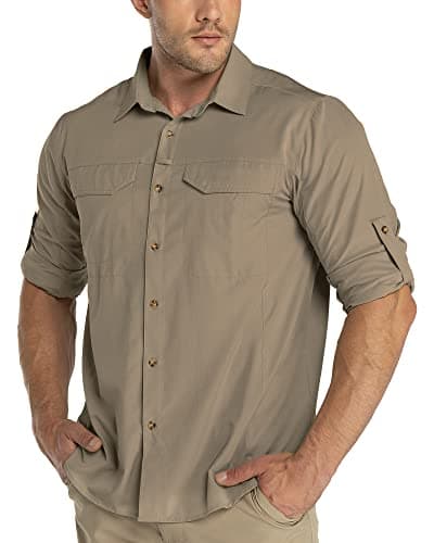 Image of 33,000ft Men's Long Sleeve Hiking Shirt Lightweight Quick Dry UV Button Shirts with Pockets Outdoor Shirts for Safari Walking Fishing Brown XL