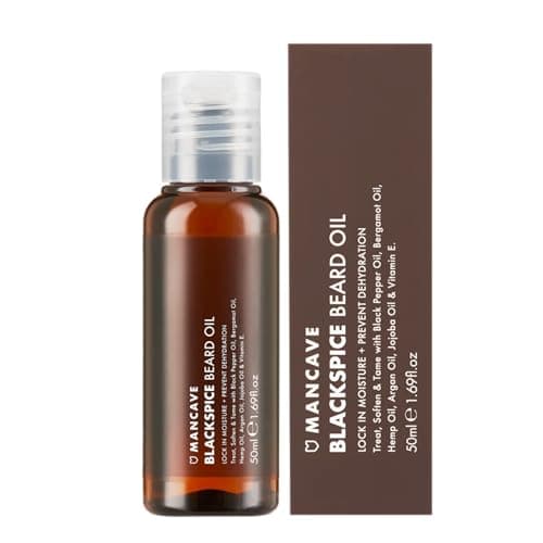 Image of ManCave Blackspice Beard Oil, Softening Blend of Oils to Treat and Tame your Beard, With Argan Oil, Bergamot Oil and Hemp Oil, Encourages Beard Growth, Vegan Friendly, Made in the UK, 50 ml