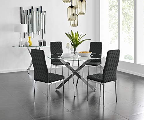 Image of Furniturebox UK Novara Modern Stylish Large Round Chrome Metal and Clear Glass Dining Table and 4/6 Contemporary Milan Dining Chairs Set (Table + Black Milan Chairs, 4 Chairs)