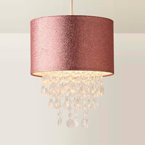 Image of ValueLights | Easy Fit Pink Glitter Cylinder Ceiling Pendant Drum Light Shade with Clear Acrylic Jewel Droplets | Shades & Home Improvements Essential | 28cm Shade Width