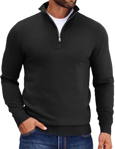 Image of COOFANDY Men's Quarter Zip Jumper Turtleneck Sweater Knitted Long Sleeve 1/4 Zip Winter Pullover Casual Top Black S