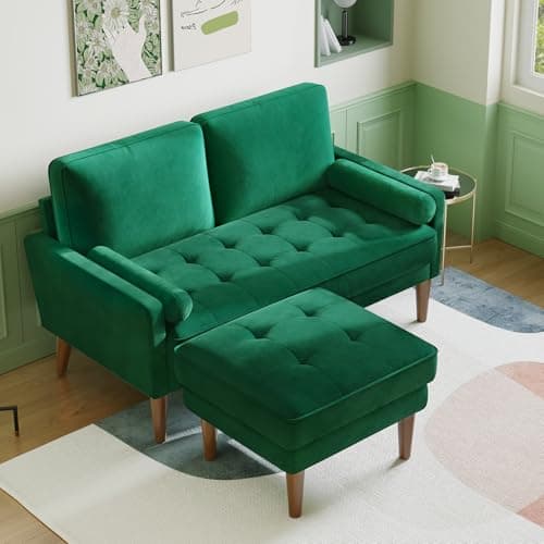 Image of Vesgantti Small 2 Seater Sofa with Ottoman, Comfy Couch with Spring Cushion, Velvet Sofa with Wood Legs, Modern Love Seat Sofa 2 Seater for Living Room, Small Couch for Bedroom, Green Office Couch