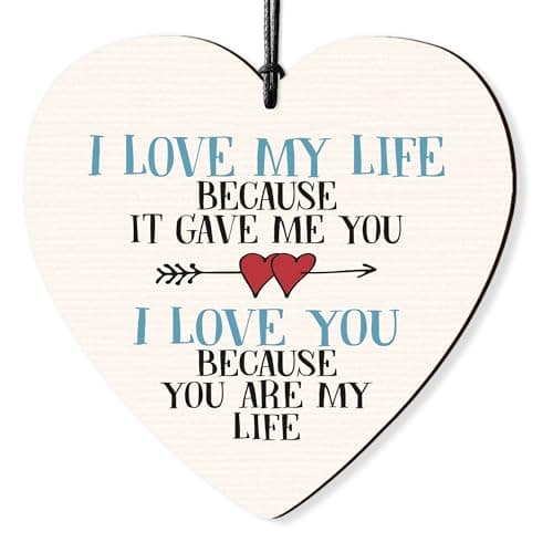 Image of Dorothy Spring I Love My Life I Love You Hanging Wooden Heart Wall Sign Token Plaque Gift for Him Her Keepsake
